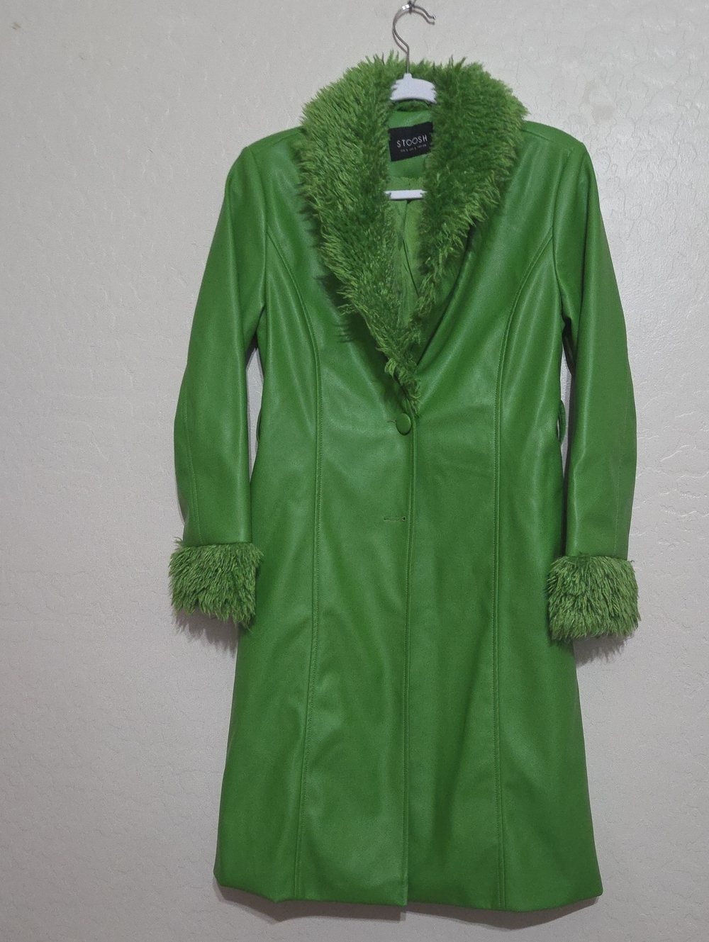 Stoosh Bright Green Faux-Leather Trench Coat with Faux Fur Trim